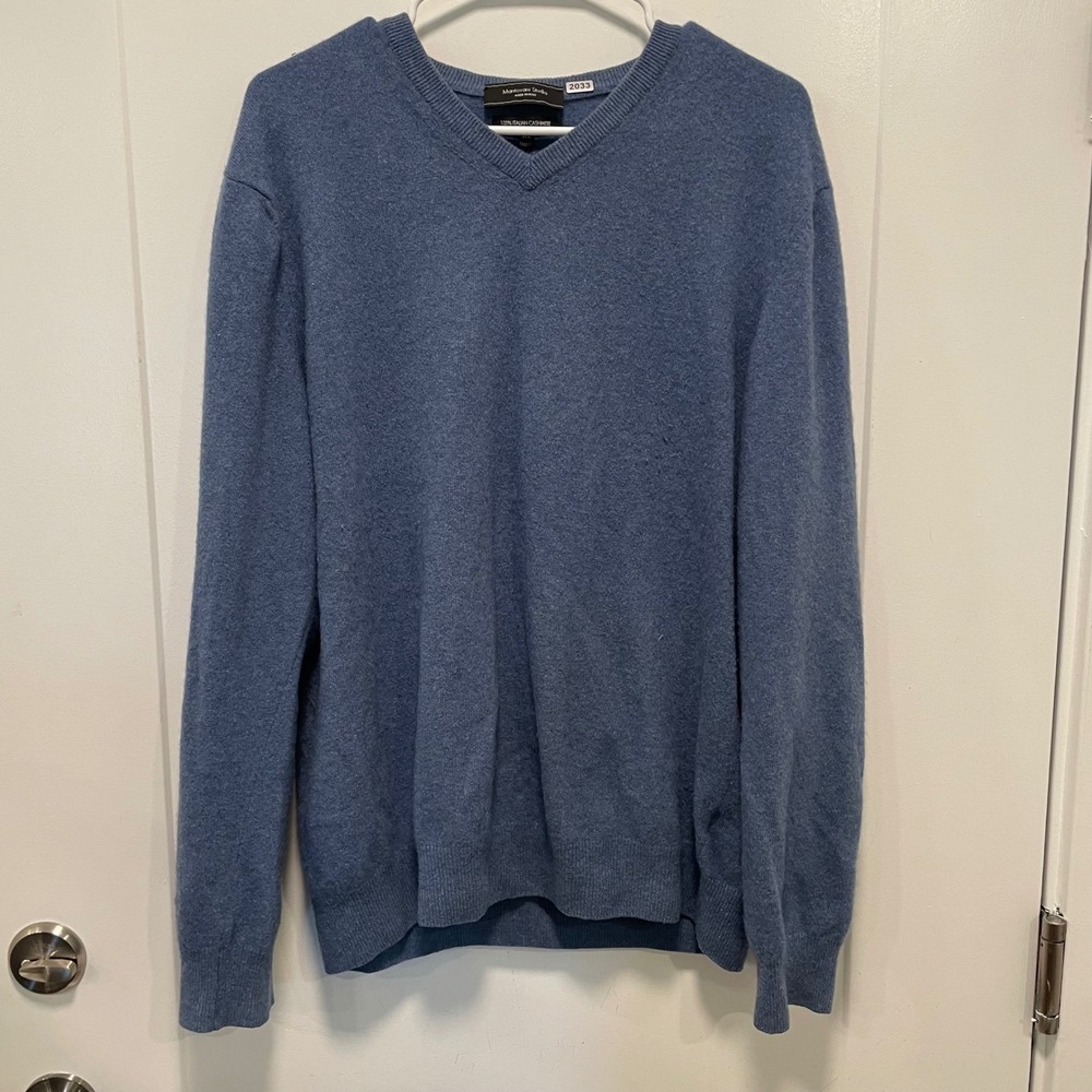 Mantovani Studio Men XL Blue 100% Italian Cashmere V-Neck Pullover Sweater Italy